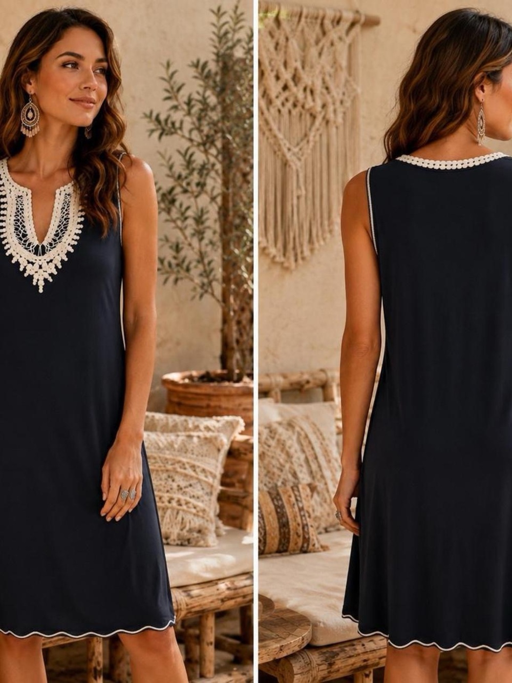 Max Studio Navy Dress with Cream Crochet Trim